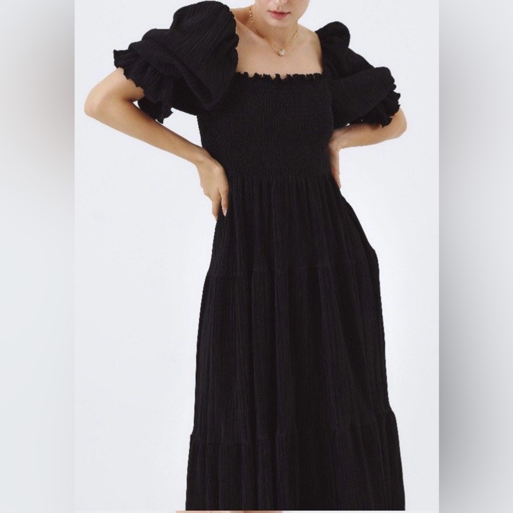Nothing Fits But Black Smocked Square-Neck Maxi Dress